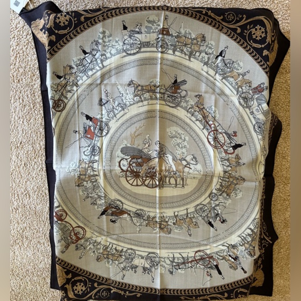 NWT Equestrian Horse Carriage Silk Wool Scarf 100x100cm Hermes Style